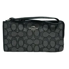 COACH(コーチ) 長財布 シグネチャー柄 53601 グレー×黒 L字ファスナー レザー