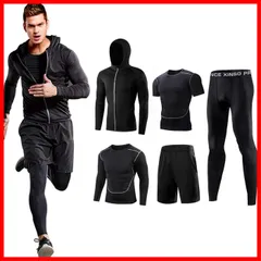 【数量限定】ハーフパンツ 半袖シャツ 長袖シャツ タイツ パーカー ランニングウェア スポーツ 通気防臭 5点セット 吸汗速乾 トレーニングウェア メンズ セット コンプレッションウェア [foveitaa]