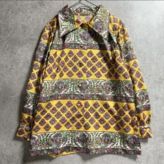 70s 80s ヴィンテージ 総柄シャツ 長袖 イエロー×パープル エスニック レトロ 古着 シャツ ブラウス　個性派  昭和レトロ　レトロポップ
