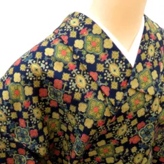 ウール着物 単衣 紺×多色 花モチーフ柄 バチ衿 カジュアルきもの 普段着物 仕立て上がり ウールきもの 和洋ミックス