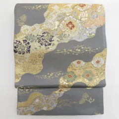 袋帯 正絹 グレーｘゴールド 道長文様 金糸 六通柄 フォーマル 仕立て上がり 着物帯 長さ432cm