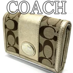 コーチ COACH 2つ折り財布 キャンバス シグネチャー レザートリム ベージュ ゴールド 馬車ロゴ コンパクトウォレット レディース ユニセックス 定番デザイン