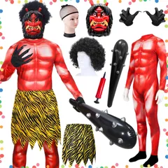 【在庫処分】節分 節分 おに おに 豆まき 鬼衣装 青鬼 オニ退治 青鬼 赤鬼 舞台 赤鬼 手袋付き 演劇 虎腰巻き 鬼お面 イベント メンズ こん棒 鬼面 コスチューム 仮装 筋肉 小道具 8点セット 鬼コスプレ 男女共用 コスプレ 衣装 全身筋肉プリントセ