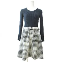 ブルーレーベルクレストブリッジ BLUE LABEL CRESTBRIDGE ツイード 切替 ニット ワンピース 膝丈 長袖 38 紺 白 1016 IBO82