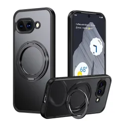 耐衝撃 カメラ保護 半透明マット ワイヤレス充電対応 360°回転スタンド 指紋防止 リング付き 黄ばみ防止 MagSafe対応 ストラップホール付 ケース グーグルピクセル9a 9a用 カバー Pixel (ブラック) Google