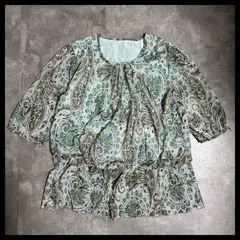 ペイズリー柄 ブラウス LL〜3L ミントグリーン 総柄 七分袖 ゆったり 古着