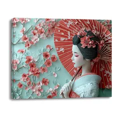 【新品】 PIY PAINTING アートパネル オシャレ、ウォールアート、 美しい女性の絵画、 ピンクの桜の背景の装飾、 キャンバス写真、 日本風ート キャンバス、 花を眺める傘を差した女性、 現代の絵画、 ウォールプリント フレームド、 装飾 リビング 1