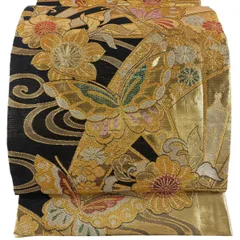 【美品】 袋帯 秀品 振袖向き 蝶 草花 箔 金銀糸 金色 六通 正絹 【中古】