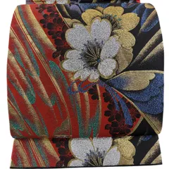 【美品】 袋帯 秀品 振袖向き 花 幾何学 箔 赤 六通 正絹 【中古】
