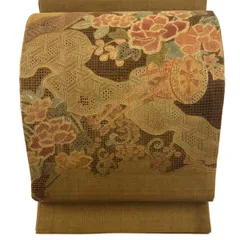 【美品】 袋帯 秀品 紬地 花車 花唐草 刺繍 山吹茶色 お太鼓柄 正絹 【中古】
