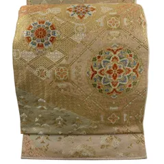 袋帯 秀品 服部織物 落款 関西仕立て 華文 花唐草 唐織 箔 ピンクベージュ 六通 正絹 【中古】