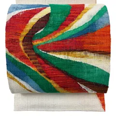 名古屋帯 秀品 紬地 幾何学 クリーム 正絹 【中古】