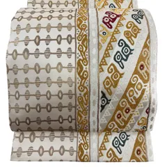 【美品】 袋帯 名品 幾何学 金糸 箔 ベージュ 六通 正絹 【中古】
