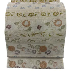 【美品】 袋帯 名品 横段 花唐草 箔 銀通し ベージュ 六通 正絹 【中古】