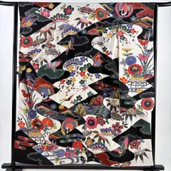 【美品】 振袖 身丈157.5cm 裄丈63cm S 袷 落款 鶴 草花 染め分け 灰白 正絹 名品 【中古】