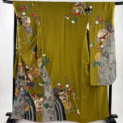 振袖 身丈164cm 裄丈70cm L 袷 花唐草 尾長鳥 金糸 金彩 鶯色 正絹 名品 【中古】
