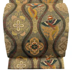 【美品】 袋帯 秀品 華文 鳥 唐織 箔 鶯色 六通 正絹 【中古】