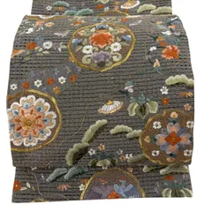 【美品】 袋帯 逸品 花唐草 向かい鳥 刺繍 金糸 灰色 六通 正絹 【中古】