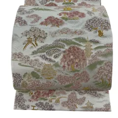 【美品】 袋帯 逸品 富士山 桜 金銀糸 箔 灰白 六通 正絹 【中古】