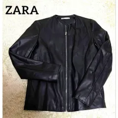 ZARA　ザラ　フェイクレザージャケット　ノーカラー　US-Sサイズ　日本レディースM相当　ブラック黒　ブルゾン ライダース 古着 25-9-144