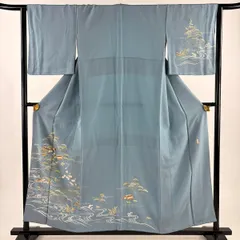 付下げ 身丈157cm 裄丈63.5cm S 袷 落款 苫舟 松竹梅 金彩 青灰色 正絹 秀品 【中古】