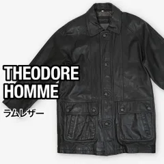 【美品】THEODORE HOMME セオドール 本革 ラムレザー ジャケット ハーフコート ステンカラー 羊革 ブラック 黒 L〜XL相当 メンズ 古着 レザーコート シンプル 大人カジュアル