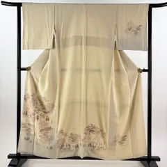 付下げ 身丈159cm 裄丈63cm S 袷 扇面 人物 刺繍 箔 ベージュ 正絹 秀品 【中古】