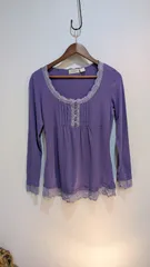 最終値下げ　ユーロ　レース　長袖　シャツ　90s Vintage Cotton  Purple Lace Blouse Boho  Size　Sから M程度　紫　ladys