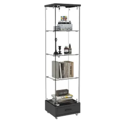 「数量限定セール」LED照明付きガラスディスプレイキャビネット 鍵付き 強化ガラス収納棚 引き出し付 1ドア4段  コレクションケース ショーケース インテリア家具 リビング収納 寝室用 展示棚 コレクション収納