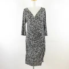 エジェリ EGERIE ワンピース ひざ丈 七分袖 総柄 白 黒 T5 *T306