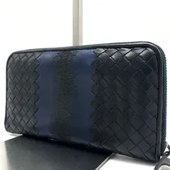 美品  BOTTEGA VENETA ボッテガヴェネタ イントレチャート 長財布 小銭 カード ジッピーウォレット 白タグ ファスナー ネイビー レザー メンズ レディース ユニセックス