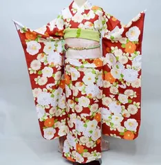 振袖 着物 単品 合繊 仕立て上がり 花ひめ 小紋柄 成人式 結納 結婚式 エンジ色 NO36834-2