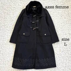 axes femme  アクシーズファム レース使いダッフルコート　Aライン ブラック　刺繍　レース　ファー付き　L