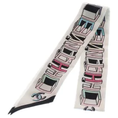 CHANEL (シャネル) ココマーク ロゴプリント ツイリー シルクスカーフ ホワイト