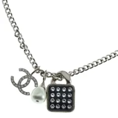 CHANEL (シャネル) A22S ココマーク ラインストーン フェイクパール ロングチェーンネックレス シルバー レディース