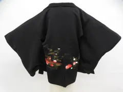 【京松】黒羽織 金彩 花 羽織紐付 正絹 着物 身丈約73cm 裄丈約62.5cm kyo8z01-17