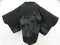 【京松】黒羽織 縫い紋 金糸 風景 正絹 着物 美品 身丈約76.5cm 裄丈約61.5cm kyo8z01-20