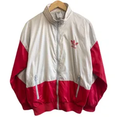 90's〜 adidas アディダス トレフォイル ナイロンジャケット 裏地メッシュ ウィンドブレーカー ロゴプリント バイカラー ライトグレー×赤 Lサイズ No.M017