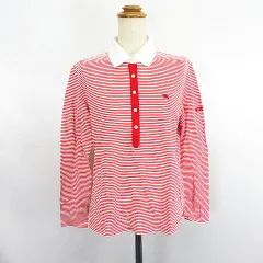 バーバリーゴルフ BURBERRY GOLF ポロシャツ 長袖 ボーダー ロゴ 刺繍 コットン L レッド×ホワイト ※EKM