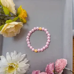 ピンク×イエロー アクセントビーズブレスレット（16cm）／ハンドメイド・艶あり・シンプルデザイン