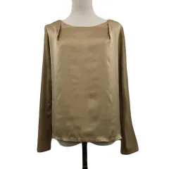 ミッシェルクラン MICHEL KLEIN カットソー プルオーバー ラウンドネック タック ウール 無地 切替 異素材 サテン 光沢 長袖 38 茶 ベージュ ブラウン