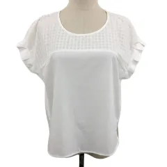 ビームスハート BEAMS HEART ブラウス シャツ プルオーバー ラウンドネック 切替 透け感 チェック 半袖 白 ホワイト