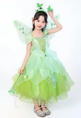 新品 [CQDY] プリンセスドレス 子供用 ティンカーベル ドレス（妖精 コスチューム+羽+ティアラ+スティックなど） 7点セット 衣装子供 コスプレ お花の妖精 精霊 蝶々妖精の衣装 キッズコスチューム 女の子 90cm-120cm 子供ドレス 誕生日 ハ
