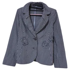 RE332 【美品】HANAE MORI 森英恵　モリハナエ　ストライプテーラードジャケット　薄手　モノトーン　白黒　レディース　38サイズ　アウター　セレモニー　入学　入園　卒業　卒園