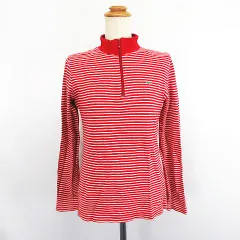 ラコステ LACOSTE ニット カットソー 長袖 ハイネック ハーフジップ ボーダー ロゴ ワッペン ウール混 42 レッド系 ※EKM