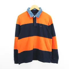 トミーヒルフィガー TOMMY HILFIGER ラガーシャツ ポロシャツ 長袖 ボーダー ロゴ コットン XL オレンジ×ネイビー ※EKM