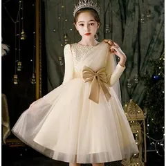 【新品?未使用】 子供ドレス ピアノ発表会 結婚式 ワンピース 袖あり フォーマル 女の子 七五三 パーティードレス ジュニアドレス ベージュ