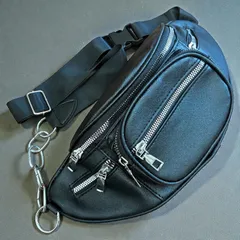 新品 ボディバッグ ショルダーバッグ ウエストバッグ ベルトバッグ チェストバッグ チェーンデコレーション付き グランジ サイバー ジップ ロック メタル ブラック メンズ 未使用 かっこいい おしゃれ レザー ストリート アメカジ