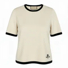 66a14【美品】 GUCCI グッチ 23AW 半袖ニットセーター ハイゲージ ウールニット バイカラー GGロゴ刺繡 681309 XKB7S サイズS オフホワイト ブラック ウール100％o07t