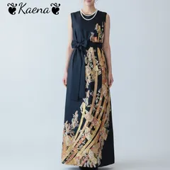❦Kaena❦　着物リメイク　ワンピース　ロング　ドレス　マキシ　Aライン　黒留袖　ベルト紐　後ろボタン　正絹　結婚式　パーティー　お呼ばれ　卒業式　入学式　ステージ衣装　オケージョンドレス　ブラック　フォーマル　黒　結婚式ドレス　金箔　金彩